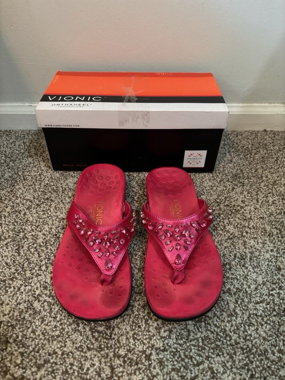 Vionic Pearl Orthaheel Pink Metallic Rhinestone Thong Sandals Womens 8